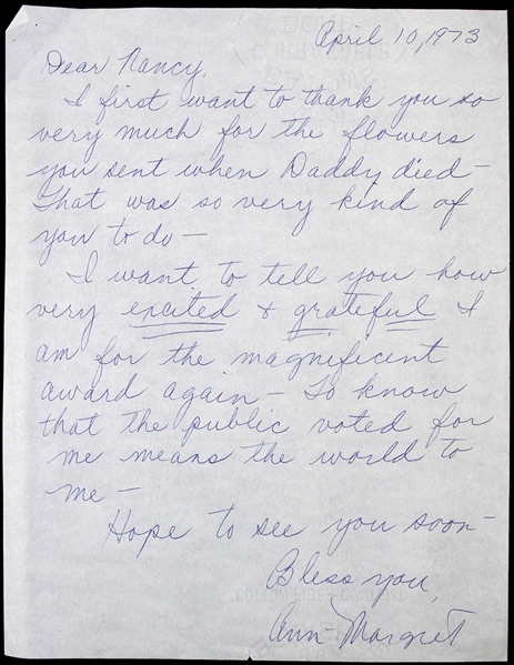 Ann-Margret 8"x 10" Autographed Letter Signed (JSA)