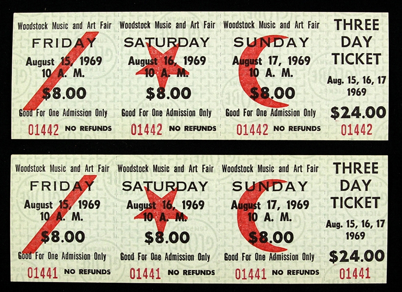 1969 Woodstock Music & Art Fair Unused Three Day Ticket - Lot of 2