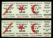 1969 Woodstock Music & Art Fair Unused Three Day Ticket - Lot of 2