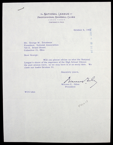 1954 Warren Giles National League President Signed Correspondence (JSA)