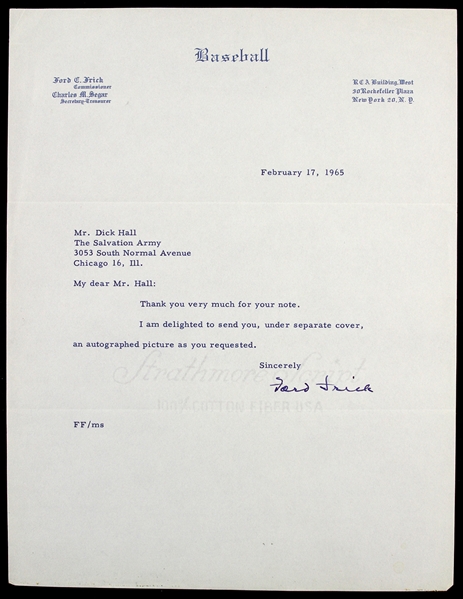 1965 Ford Frick MLB Commissioner Signed Correspondence (JSA)