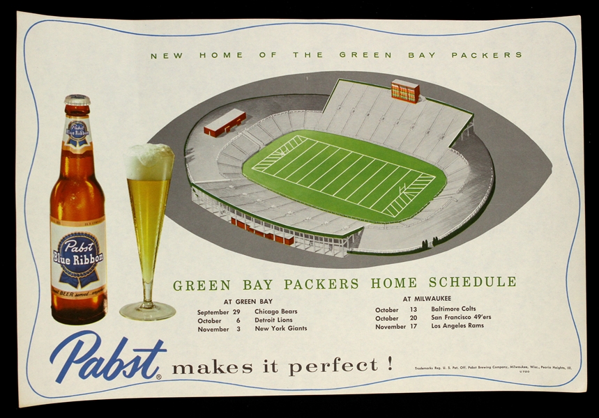 1957 Green Bay Packers New City Stadium/Lambeau Field Pabst Beer Placemat