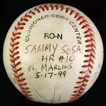 1999 (May 17) Sammy Sosa Chicago Cubs Signed ONL Coleman Game Used Home Run Baseball (MEARS LOA/JSA) #10 Season/# 283 Career
