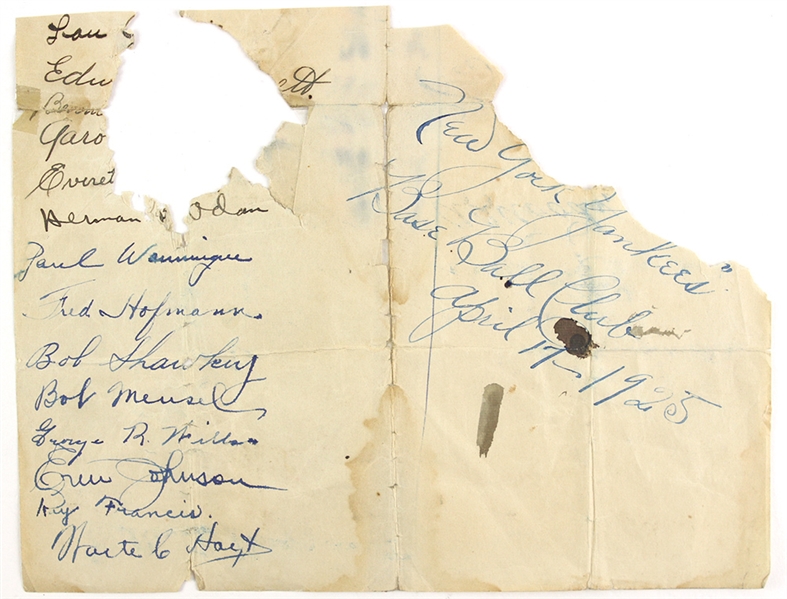 1925 New York Yankees Multi Signed Page w/ 8 Signatures Including Waite Hoyt, Bob Meusel, Bob Shawkey & Lou (Gehrig) Rookie Signature (JSA)
