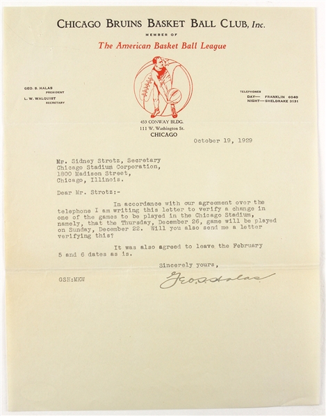 1929 George Halas Chicago Bruins Basketball Club Signed Letter *JSA*