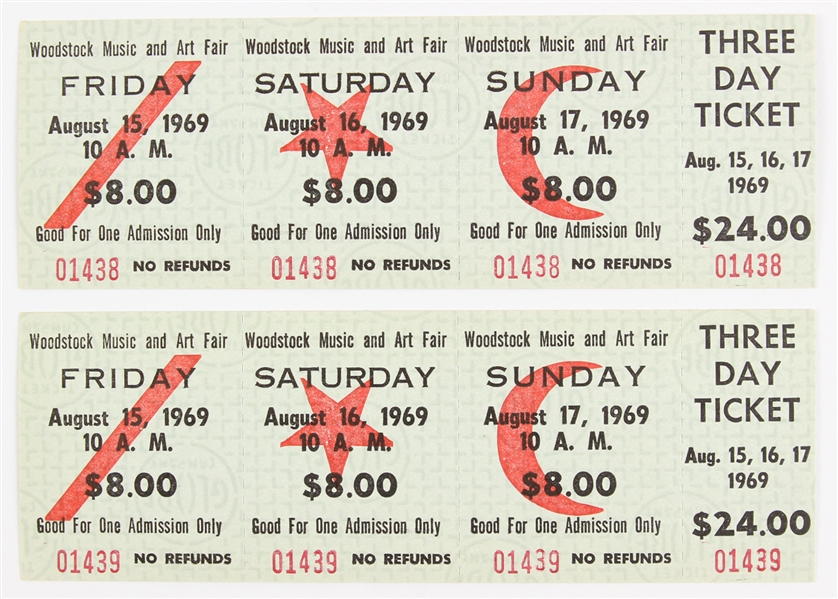 1969 Woodstock Music & Art Fair Unused Three Day Ticket - Lot of 2