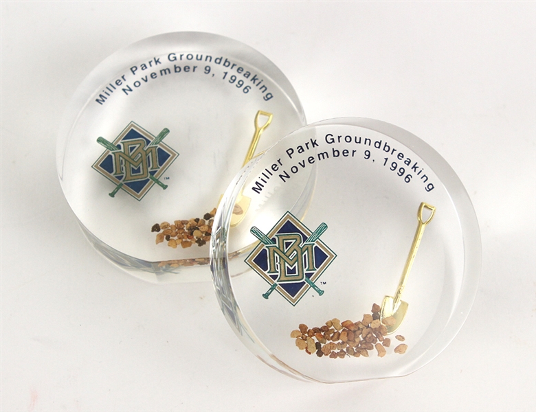 1996 Milwaukee Brewers Miller Park Groundbreaking Paperweights w/ Stadium Dirt - Lot of 2