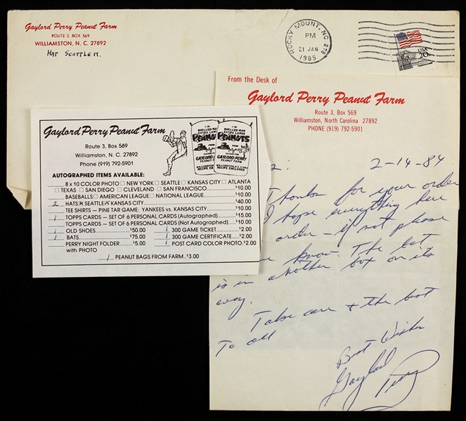 1984 Gaylord Perry Peanut Farm Signed Letter w/ Envelope & Order Form (JSA)