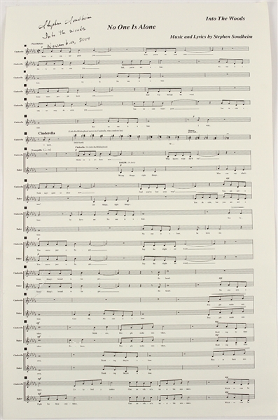 2014 Stephen Sondheim Into The Woods Signed No One Is Alone Sheet Music (JSA)