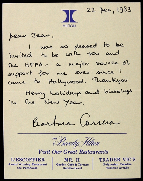 Barbara Carrera 4"x 5" Autographed Note Secretarial Signed 