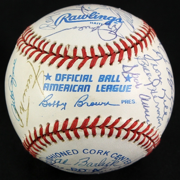 1985-89 Hall of Fame Multi Signed OAL Brown Baseball w/ 25 Signatures Including Mickey Mantle, Willie Mays, Hank Aaron, Pete Rose & More (JSA)