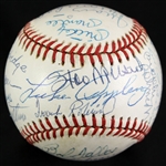 1985-89 Hall of Fame Multi Signed OAL Brown Baseball w/ 25 Signatures Including Mickey Mantle, Willie Mays, Hank Aaron, Pete Rose & More (JSA)