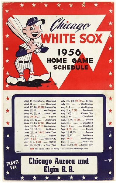 1956 Chicago White Sox 13.5" x 21.5" Chicago Aurora & Elgin RR Home Game Schedule Broadside