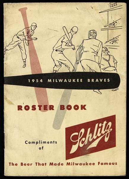1954 Milwaukee Braves Schlitz Roster Book w/ Fred Steffen Caricature Style Player Illustrations