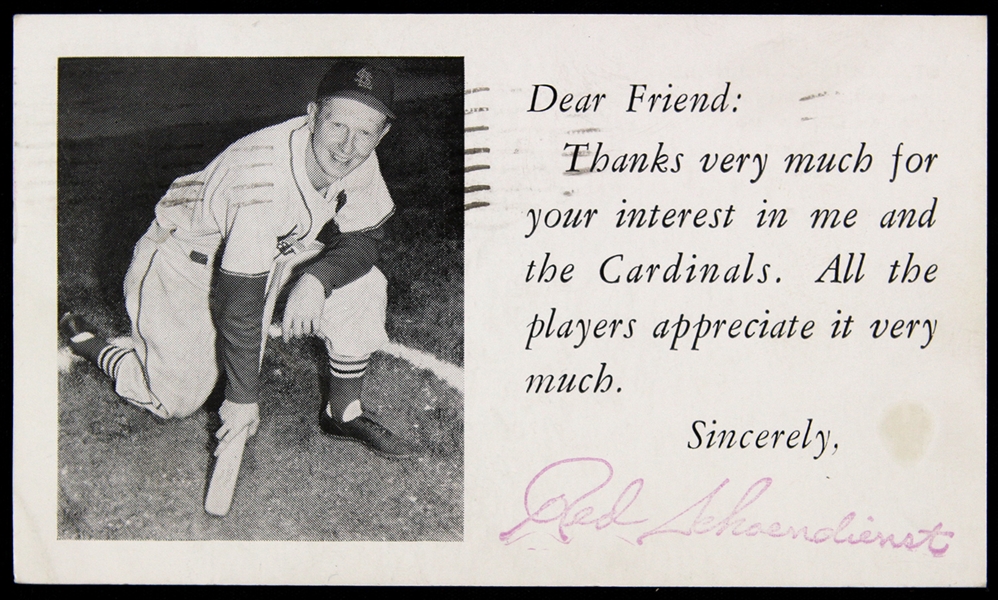 1955 Red Scoendienst St. Louis Cardinals Signature Stamped 3.5" x 5.5" Postcard