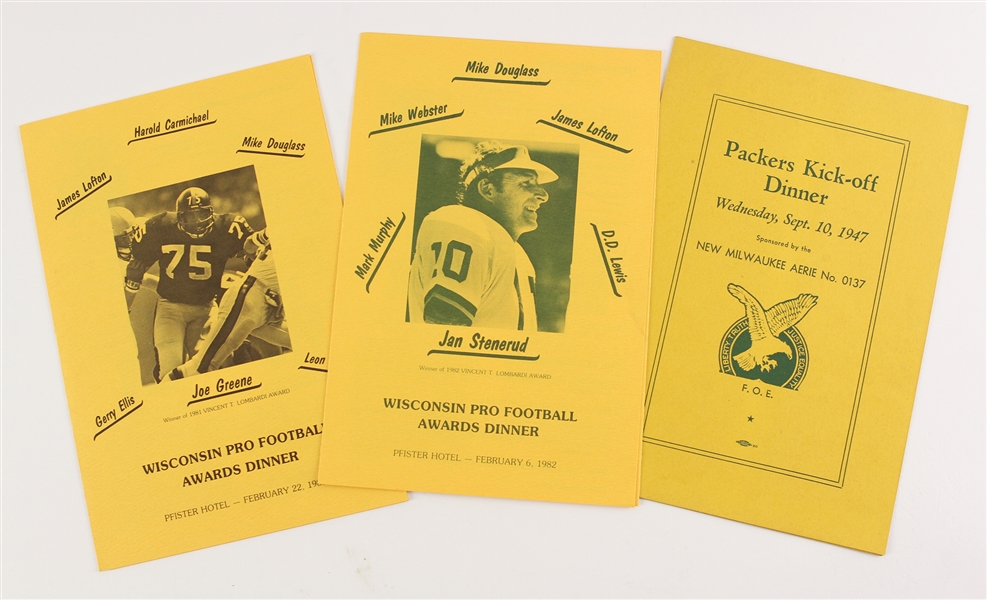 1947-82 Packers Kick Off Dinner & Wisconsin Pro Football Awards Dinner Programs - Lot of 3