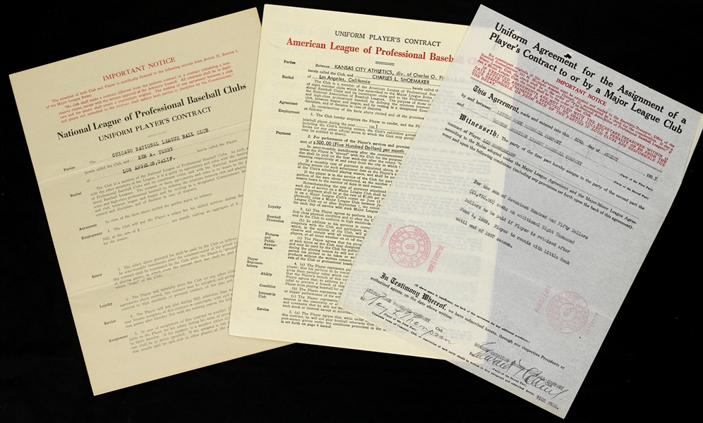 1923-61 Eddie Collins Bill Veeck Sr. Joe Cronin Charles Shoemaker Signed Player Contracts & Transfer Agreements - Lot of 3 (MEARS LOA)