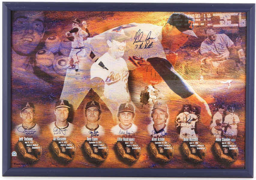 1990s Nolan Ryan & Catchers Signed 27" x 39" Framed "7 Career No Hitters" Lithograph (JSA) 7/7