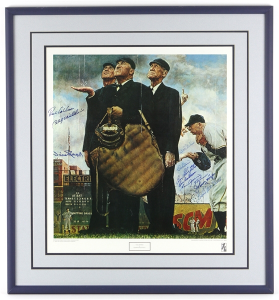 1990s Hall of Fame Multi Signed 31" x 33.5" Framed Norman Rockwells The Umpires Lithograph w/ 11 Signatures Including Bob Gibson, Eddie Mathews, Johnny Mize & More (JSA)