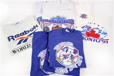 1980's-2000's Sports Memorabilia Collection - Lot of 114 w/ Like New c. 1980's Fitted Baseball Caps, Baseball Card Sets, T Shirts, Blue Jays World Series Items & More