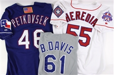 1993-2001 Butch Davis Wilson Heredia Mark Petkovsek Texas Rangers Game Worn Jerseys - Lot of 3 (MEARS LOA/JSA)
