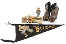 1910s-20s Football Memorabilia - Lot of 4 w/ Boot Style Youth Football Cleats, Dr. A. Peckham Knee Brace, 23" Fremont Pennant & Yale Enameline Cutout