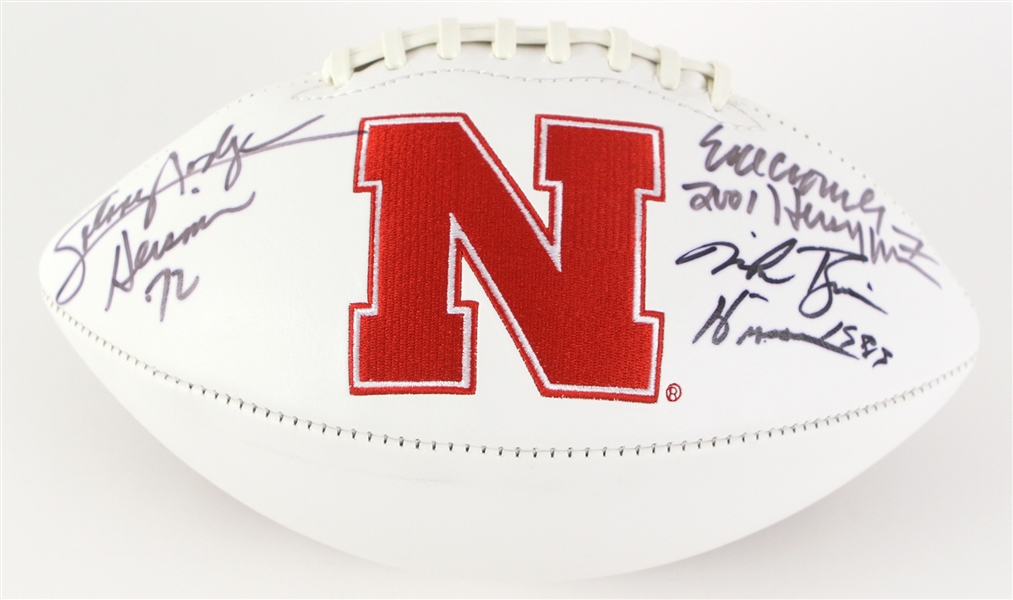 1972-2001 Johnny Rogers Tim Crouch Mike Rozier Autographed Nebraska Embroidered Logo Football W/ Heisman Year Inscriptions (Radtke)