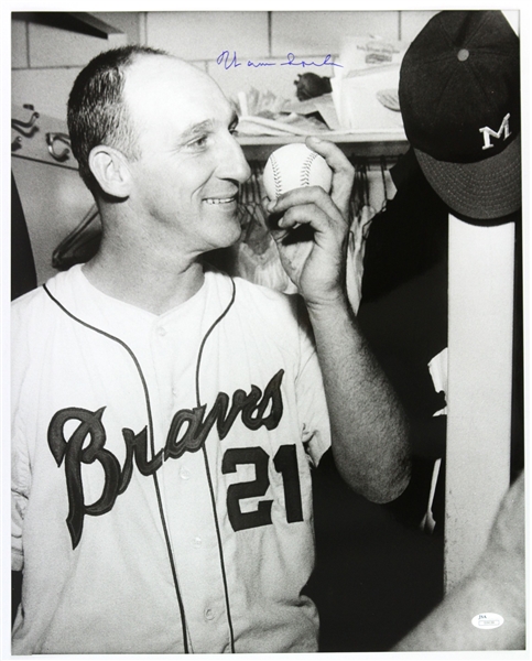 1963-65 Warren Spahn Milwaukee Braves “Kissing the Victory Baseball” Autographed Original 16x20 Hand Developed Photo (JSA) “Signed During His Final Milwaukee Appearance”