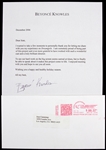 Beyonce Knowles 7"x 10" Typed Letter Secretarial Signed