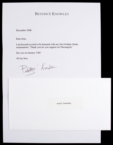 Beyonce 7"x 10 Typed Letter Secretarial Signed
