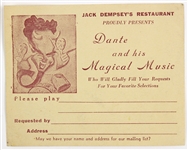 1950s Jack Dempseys Restaurant Dante & His Magical Music Song Request Card