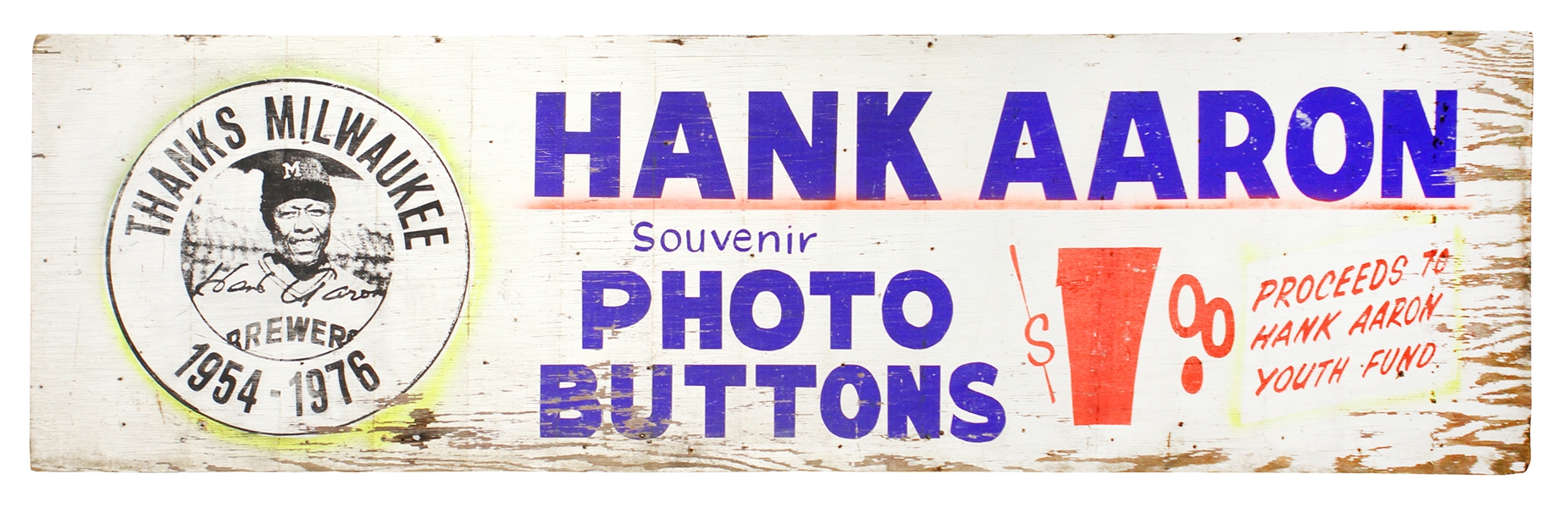 1976 Hank Aaron Milwaukee Brewers County Stadium Painted Plywood 24” x 85” Advertising Sign (Hung Outside Stadium for One Year)