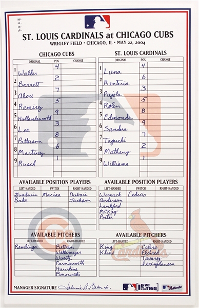2004 (May 22) Dusty Baker Chicago Cubs Signed In Dugout Lineup Card (MEARS LOA/JSA)