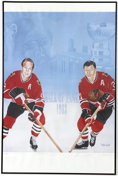 1983 Bobby Hull Stan Mikita Chicago Blackhawks Signed 24" x 36" Framed Hall of Fame Lithograph (JSA) 26/1983