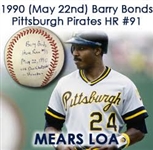 1990 (May 22nd) Barry Bonds Pittsburgh Pirates Game Used Homerun #91 Baseball (MEARS LOA)
