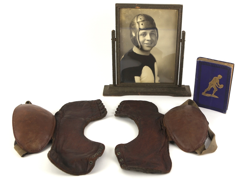 1890s-1900s Football Memorabilia Collection - Lot of 4 w/ Asbestos Lined Shoulder Pads, Vintage Photo & Alonzo Stagg Treatise on American Football Book
