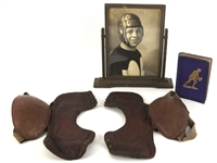 1890s-1900s Football Memorabilia Collection - Lot of 4 w/ Asbestos Lined Shoulder Pads, Vintage Photo & Alonzo Stagg Treatise on American Football Book