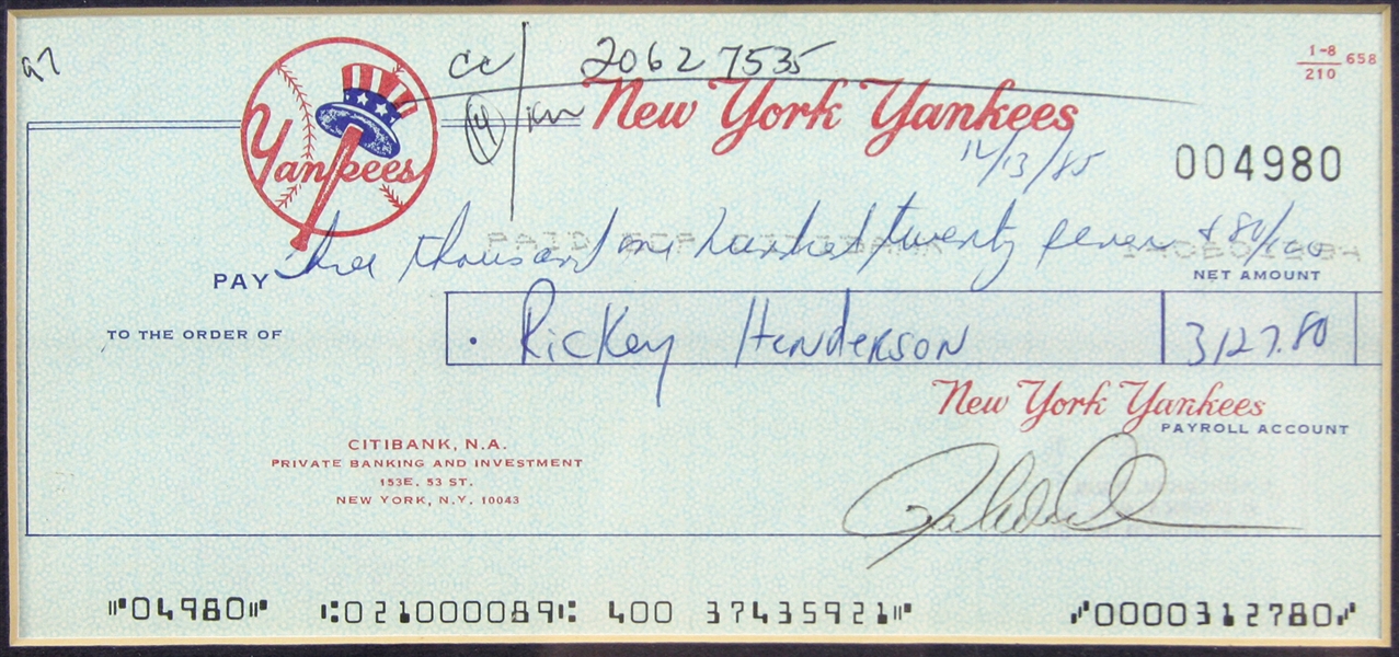 1985 Rickey Henderson New York Yankees Payroll Reverse Endorsed Check (JSA)