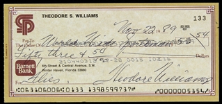 1989 Ted Williams Boston Red Sox Signed Check Signed “Theodore Williams” (JSA)