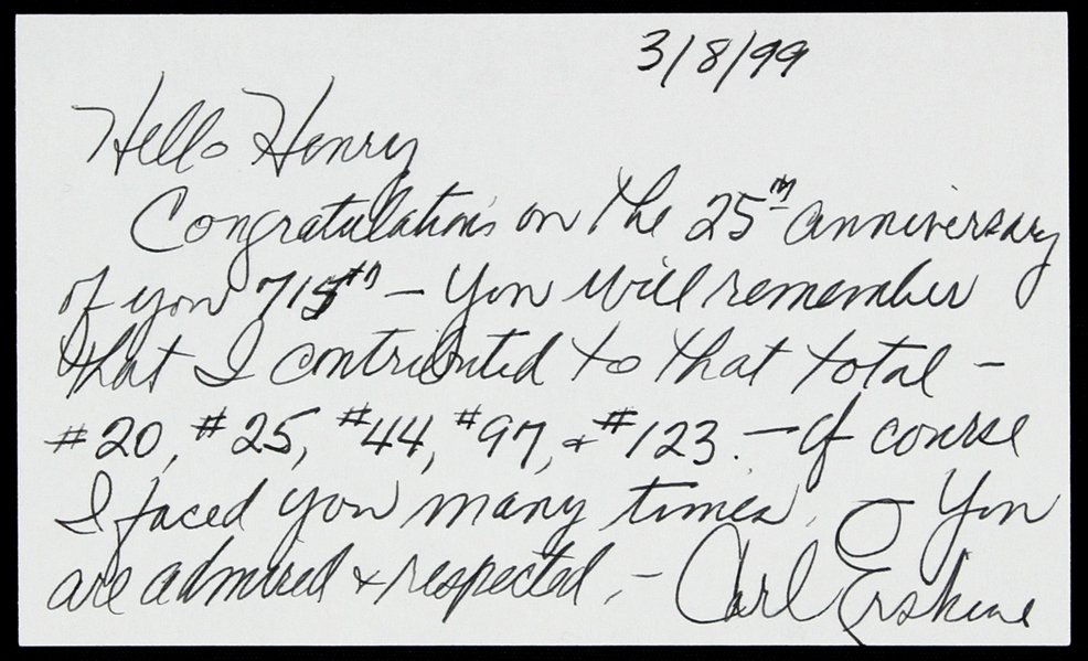 1999 Carl Erskine Brooklyn Dodgers 3”x5” Signed Hand Written Note to Hank Aaron (JSA)