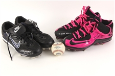 2007-15 Ben Zobrist Pedro Strop Devil Rays/Cubs Signed Game Worn Cleats - Lot of 2 + 2008 Yankee Stadium Baseball (MEARS LOA)