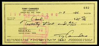 1986 Tony Canadeo Green Bay Packers Signed Personal Check (JSA)