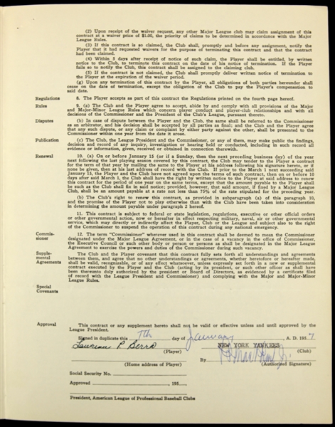 1957 Yogi Berra Lee MacPhail New York Yankees Signed Player Contract (JSA/Steiner)