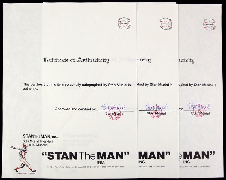1990s Stan Musial St. Louis Cardinals Signed Stan the Man COAs - Lot of 4 (JSA)