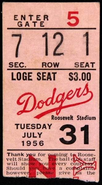 1956 (July 31) Brooklyn Dodgers Milwaukee Braves Roosevelt Stadium Ticket Stub (Jackie Robinson Walk Off)