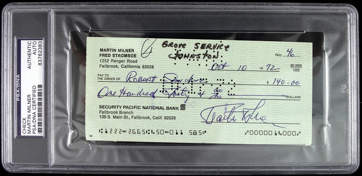 1972 Martin Milner Route 66 Adam 12 Signed Personal Check (PSA/DNA Slabbed)