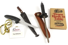 1950s-70s Ted Williams Boston Red Sox Personal Fishing Accessories - Lot of 4 w/ Knife, Sharpener, Book & Name Badge (MEARS LOA/Williams Estate Letter)