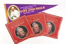 1979-87 Pope John Paul II Memorabilia Collection - Lot of 4 w/ 29" Full Size Pennant & Sealed Multilingual Mass LPs