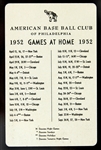 1952 Philadelphia Athletics Pocket Schedule w/ Connie Mack
