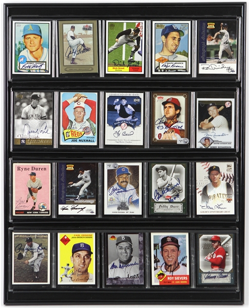 1950s-2000s MLB 16" x 20" Framed Signed Trading Card Display w/ 20 Cards Including Yogi Berra, Johnny Bench, Andre Dawson, Ryne Duren & More (JSA)